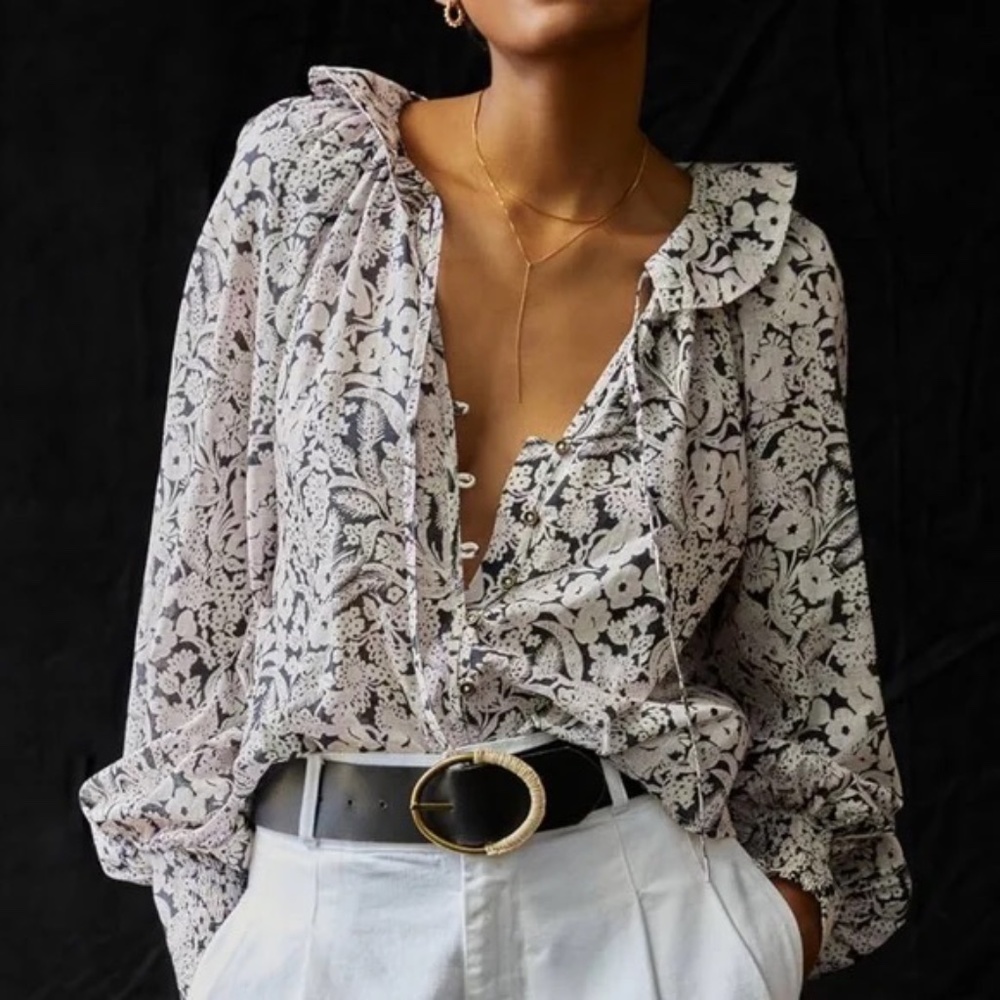 Anthropologie Black and White Floral Blouse